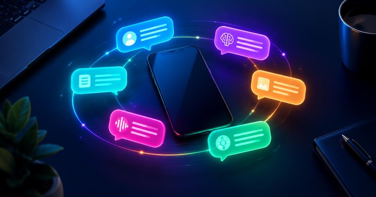 Colourful AI chat bubbles orbiting a smartphone, representing apps like Grok