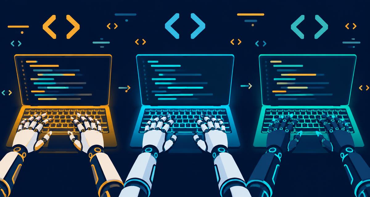 Illustration of three robot hands typing on three laptops with code brackets, representing Codex, Claude Code and Grok coding assistants
