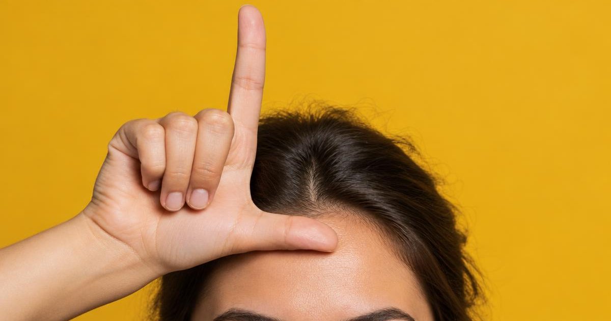 A hand forming an L with thumb and index finger pressed against a forehead