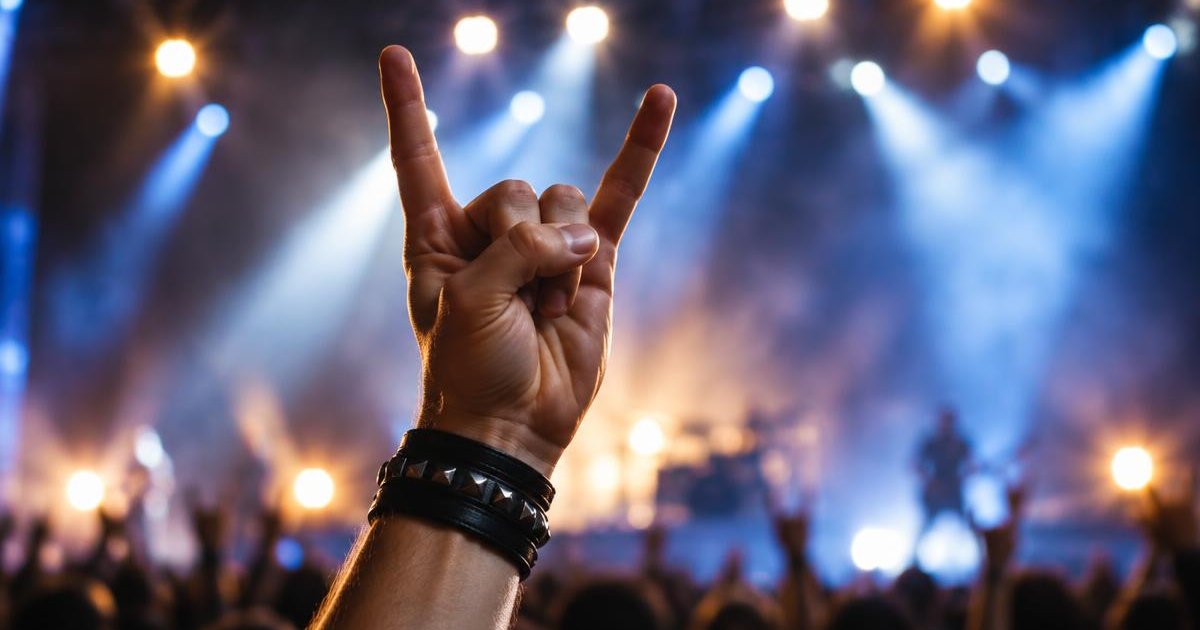 A raised fist with index and pinky fingers extended in the rock on horns gesture at a concert