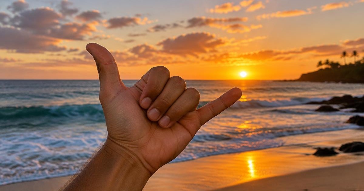 A hand making the shaka sign with thumb and pinky extended against a Hawaiian beach sunset
