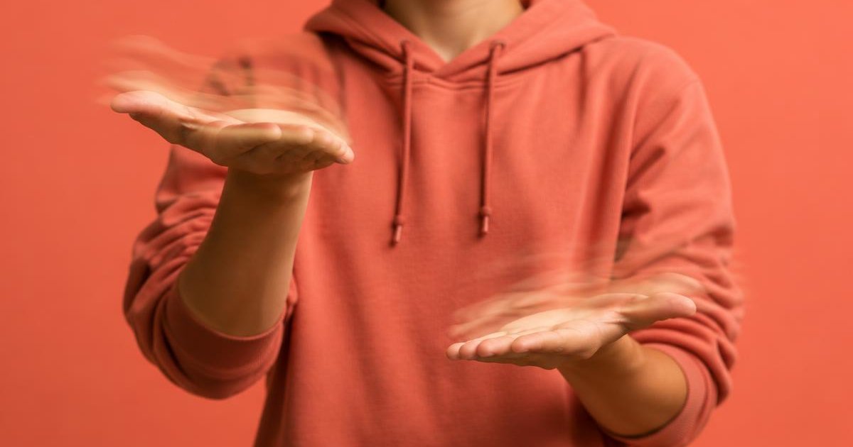 Two palms facing up moving alternately like a weighing scale in the 6 7 hand gesture