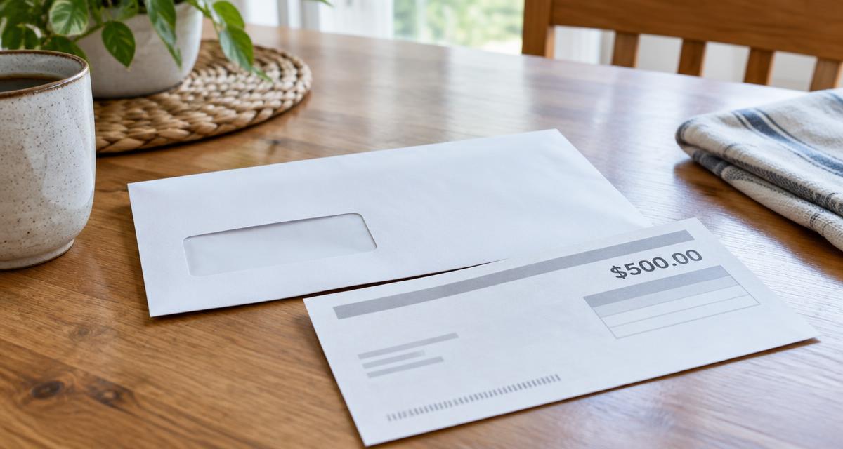 Illustration of an envelope and a generic $500 payment notice on a table