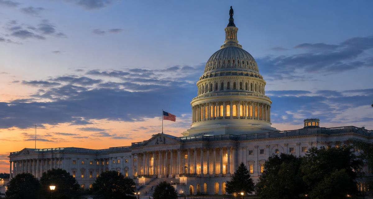 Illustration of the United States Capitol illuminated at dusk