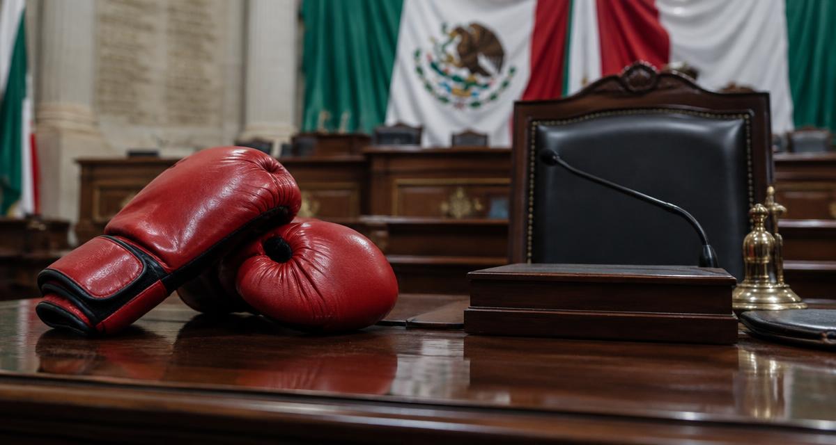 Illustration of boxing gloves on a desk inside a legislative chamber