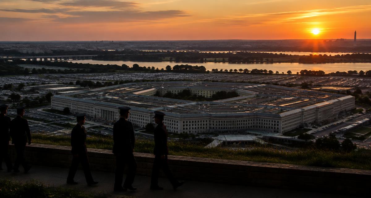 Illustration of the Pentagon at sunset with officer silhouettes
