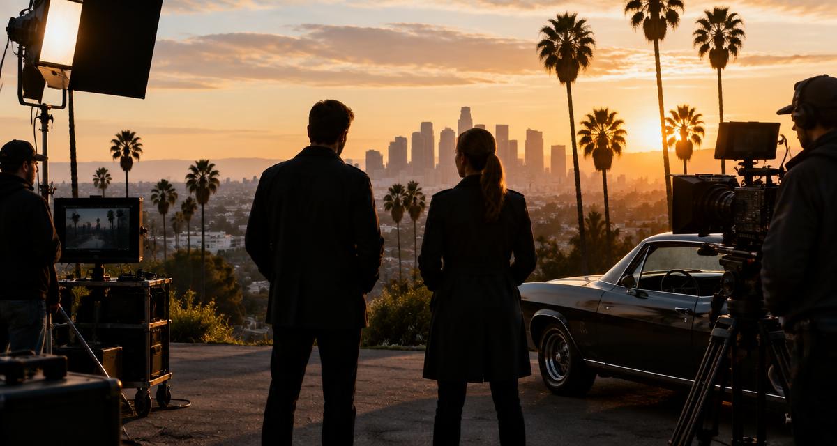 Illustration of a television detective production set overlooking Los Angeles