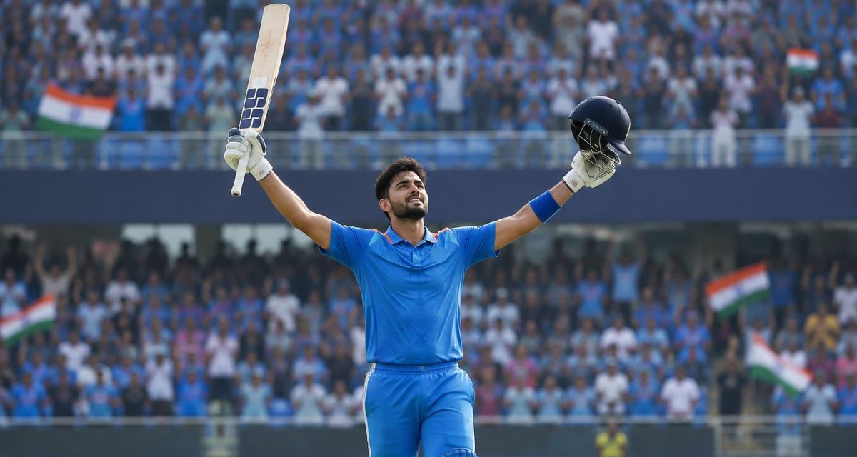 Illustration of an Indian cricket batter celebrating in a stadium