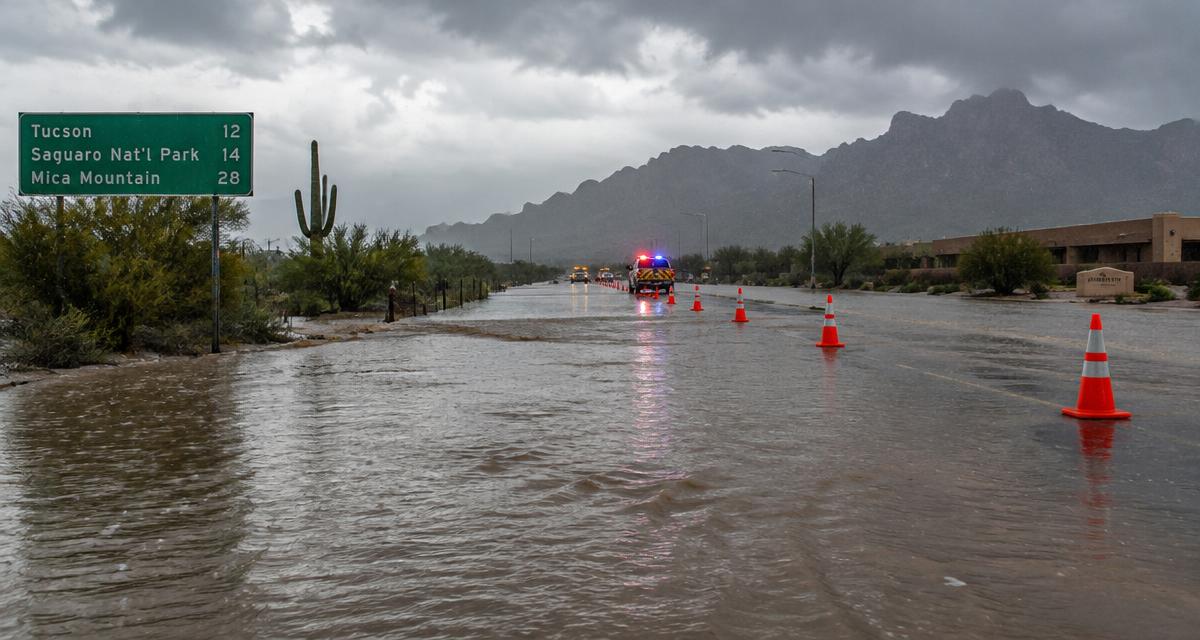 Illustration of a flooded road in the American Southwest during heavy rain